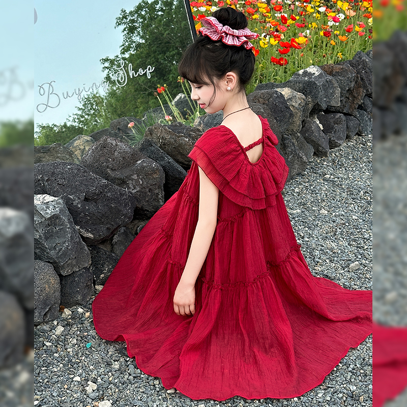 女童绝美连衣裙红色裙子2025新款小女孩法式度假风儿童大童公主裙