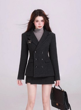 黑色修身收腰毛呢西装外套半身裙子套装女高级感呢子西服短裙冬季