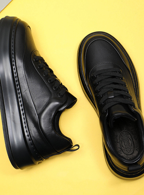沸梵牛皮男鞋2026新款春增高厚软底运动休闲皮鞋透气黑色板鞋男款