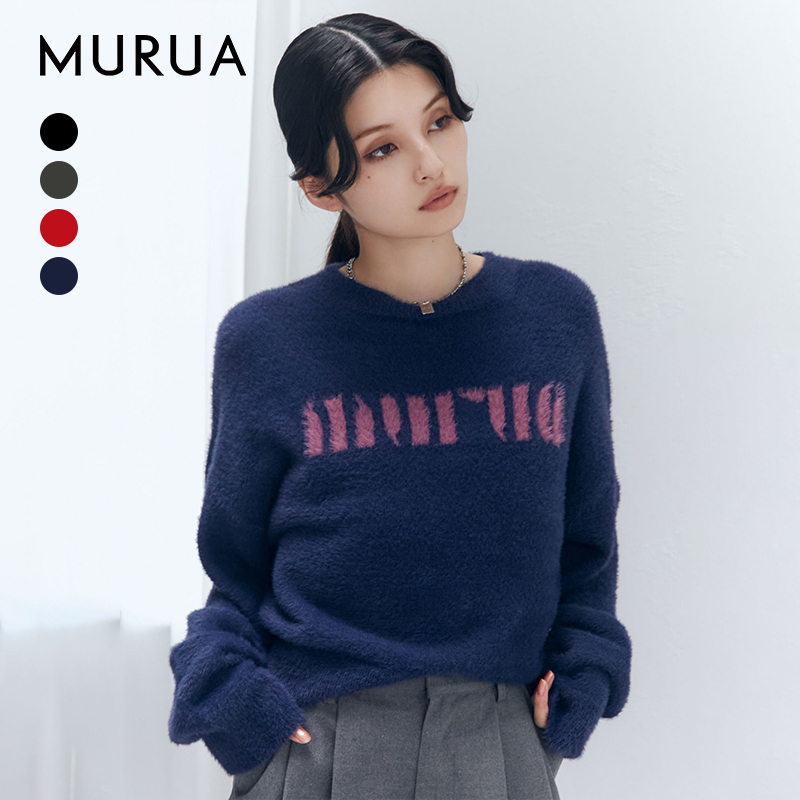 MURUA2024冬季时尚新品气质感LOGO提花毛绒针织上衣女0124526010