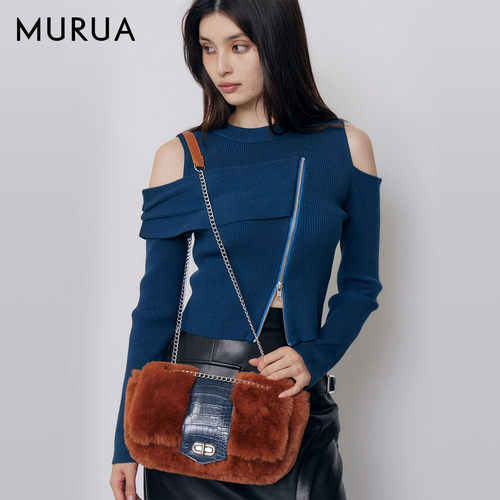 MURUA秋冬不对称露肩针织衫女斜拉链设计感甜酷修身长袖上衣女