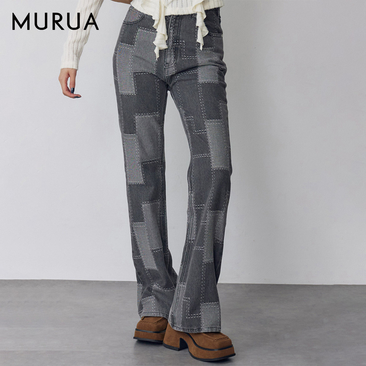 MURUA25冬季新品日系修身设计感拼布高腰喇叭牛仔长裤0125624001,女装/女士精品,牛仔裤,淘宝优惠券,粉丝福利购,淘宝优惠卷