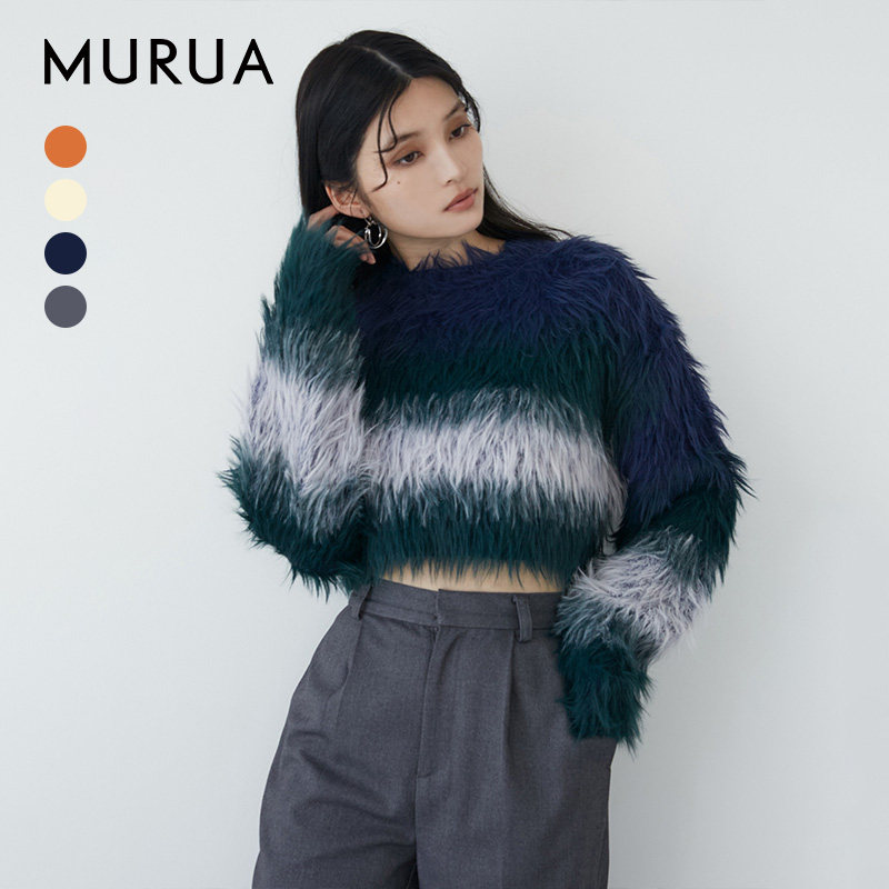 MURUA2024冬季新品独立剪裁长毛拼色短款针织上衣女士0124626001