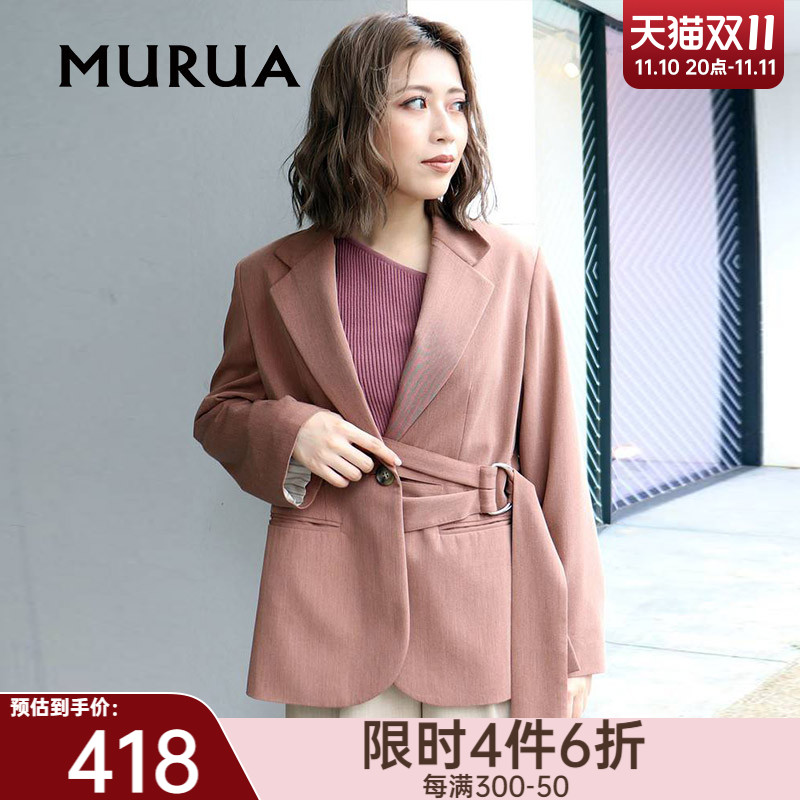 murua日系女装秋冬款气质不对称腰部系带西装夹克宽松休闲外套女