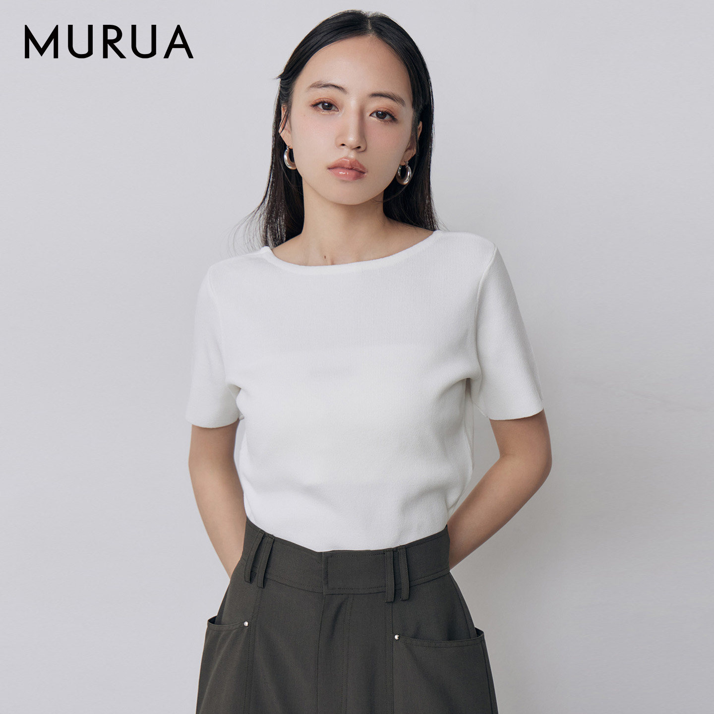 MURUA26夏季新品简约T恤修身方领上衣两穿针织短袖女0126326054