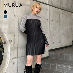 MURUA2024冬季新品时尚通勤拼色罗纹修身针织连衣裙女0124603003