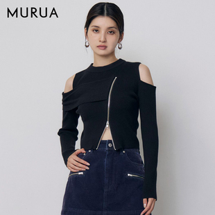 MURUA秋冬不对称露肩针织衫女斜拉链设计感甜酷修身长袖上衣女