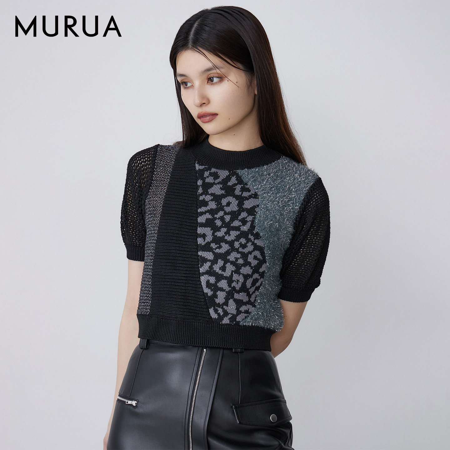 MURUA日系钩针混编细闪高腰灯笼短袖毛针织衫上衣女0125426052