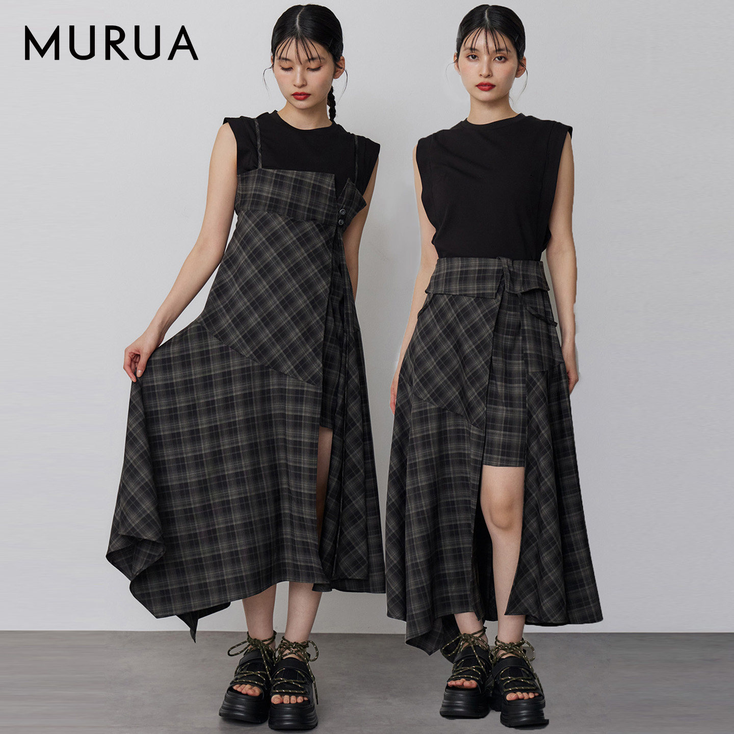 MURUA26春季新品日系拼接格纹吊带半身裙两穿连衣裙女0126203054