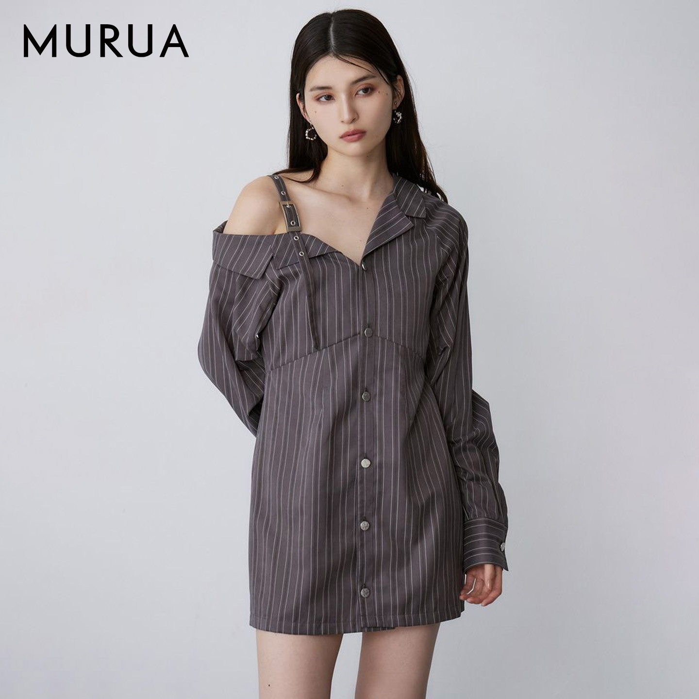 MURUA25早秋日系露肩吊带条纹长袖衬衫连衣短裙女0125503003