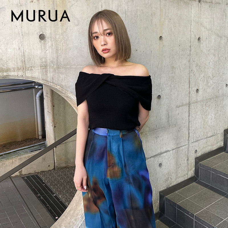 MURUA25夏季女士扭结设计一字露肩竖条纹短袖针织衫012532600201