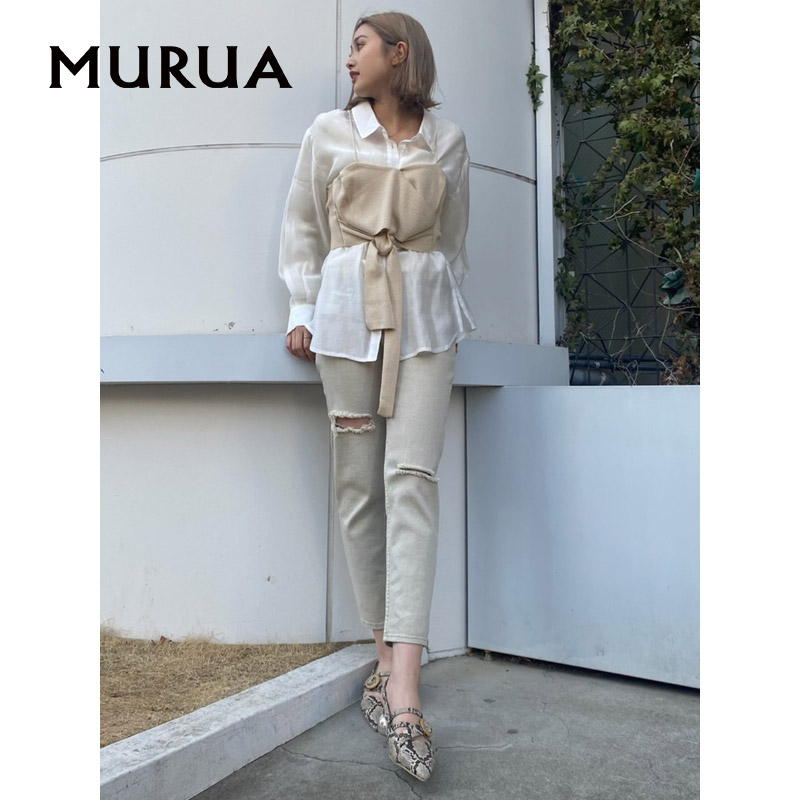 MURUA简约风高腰时尚破洞长裤宽松显瘦铅笔裤牛仔裤女0121207011