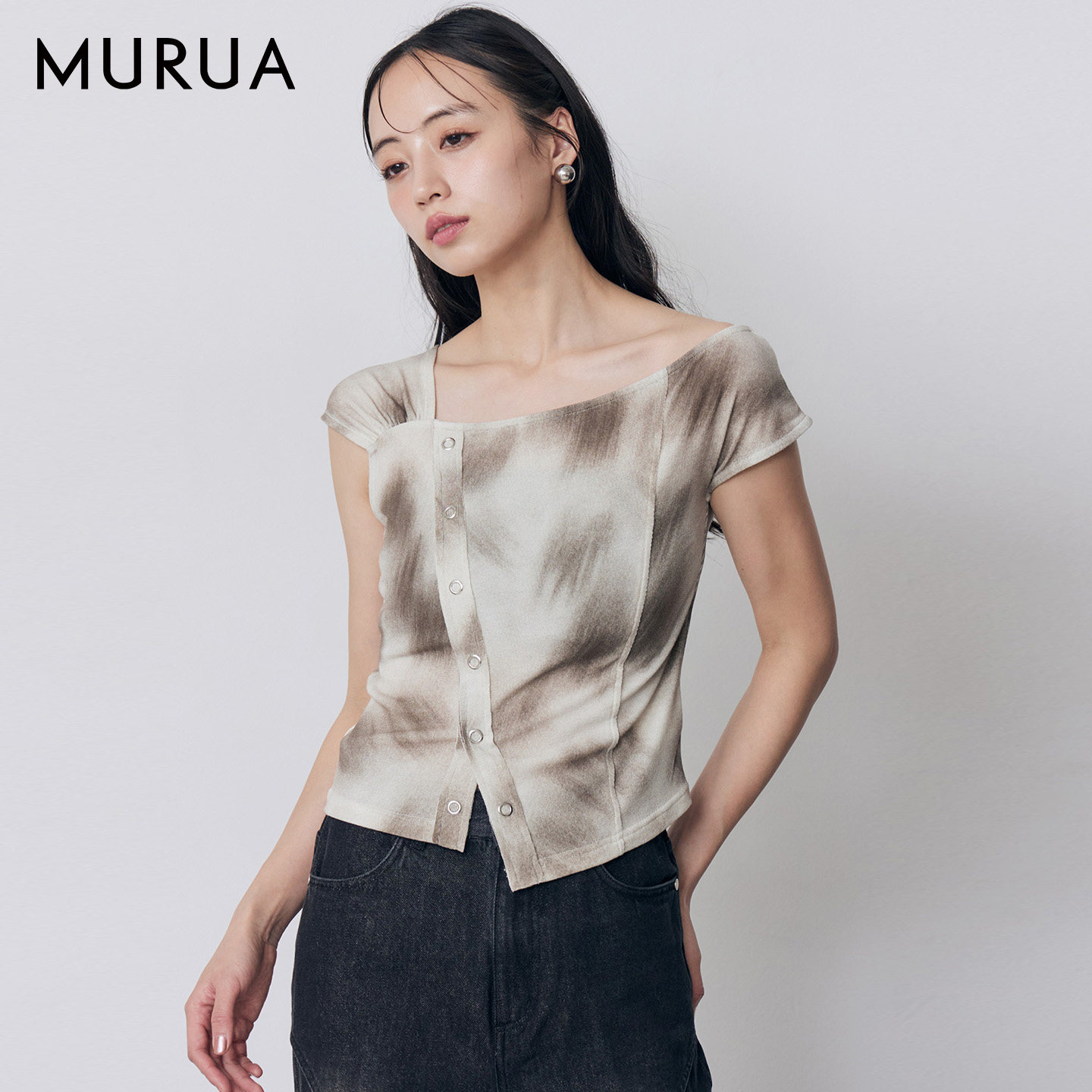 MURUA26春季新品日系古着风单肩吊带半露背按扣短袖T恤0126227056