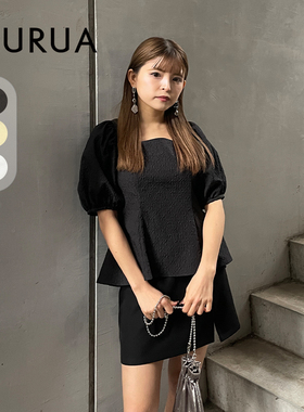 MURUA2024春夏通勤设计感新款修身方领泡泡袖短袖衬衫0124304006