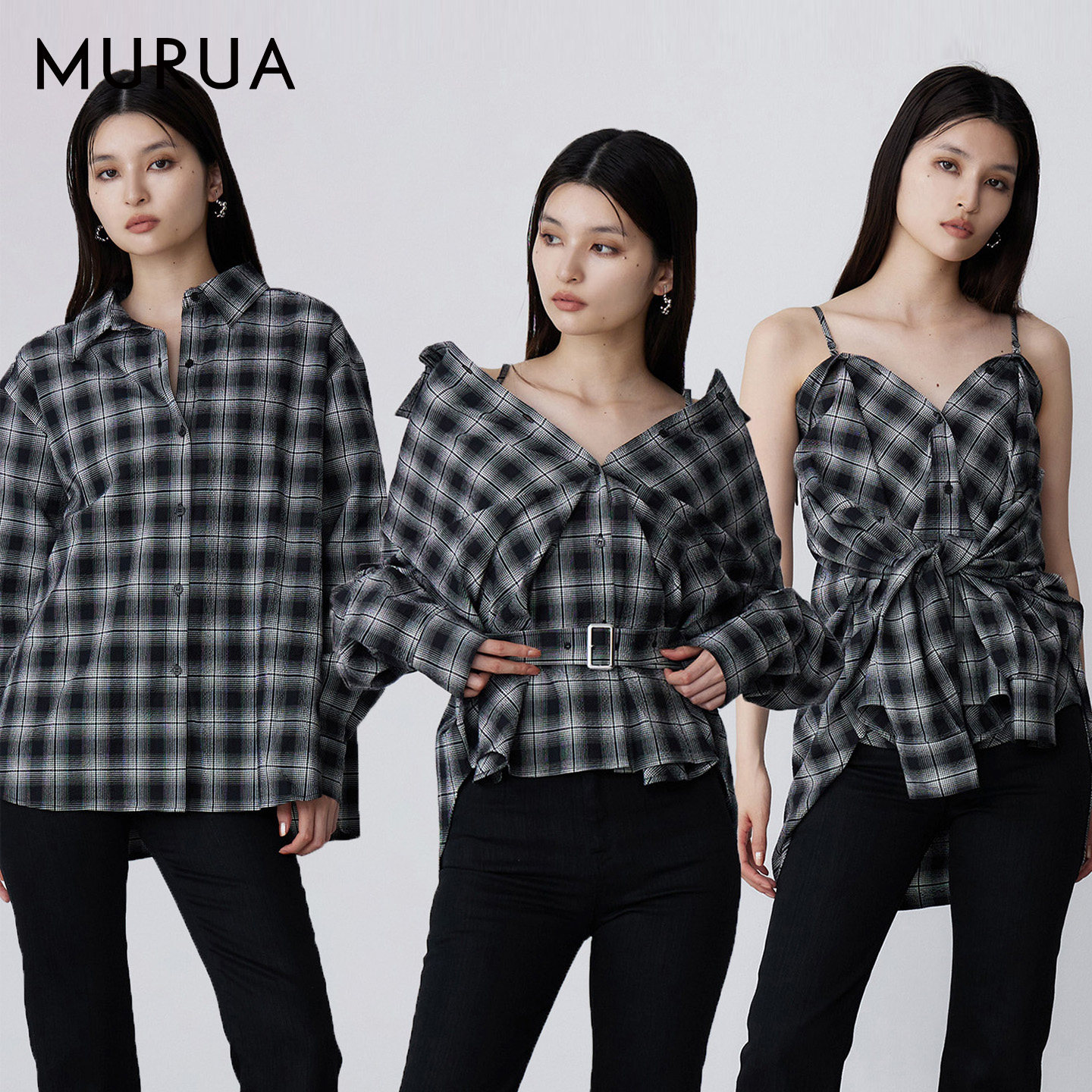 MURUA早秋新品多种穿法设计感吊带露肩腰带格纹衬衫女0125404003