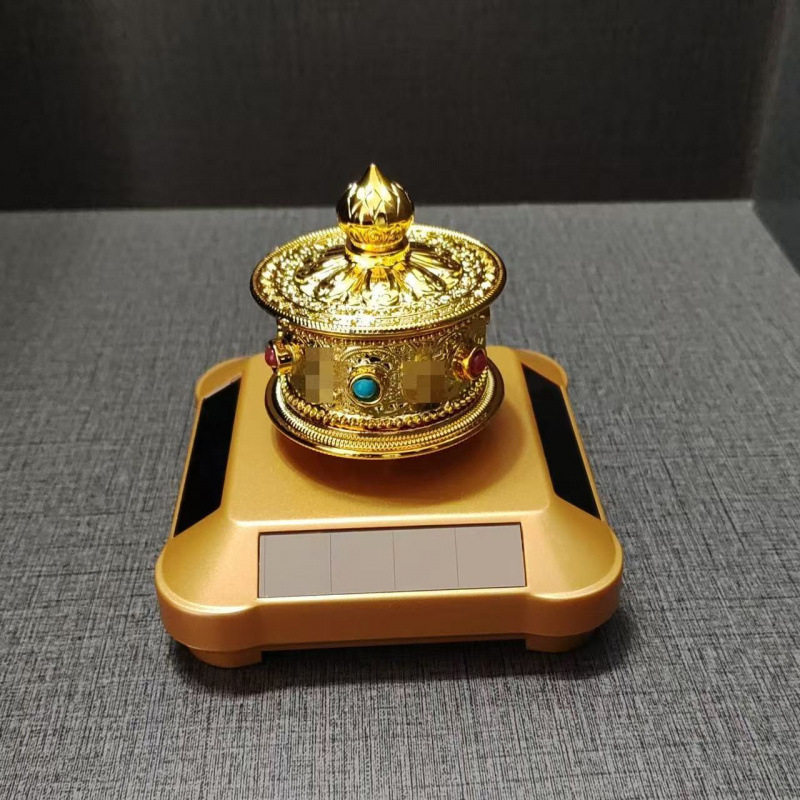 车载太阳能转金轮西藏纯黄铜手持转金桶藏式手转金筒/车载摆件