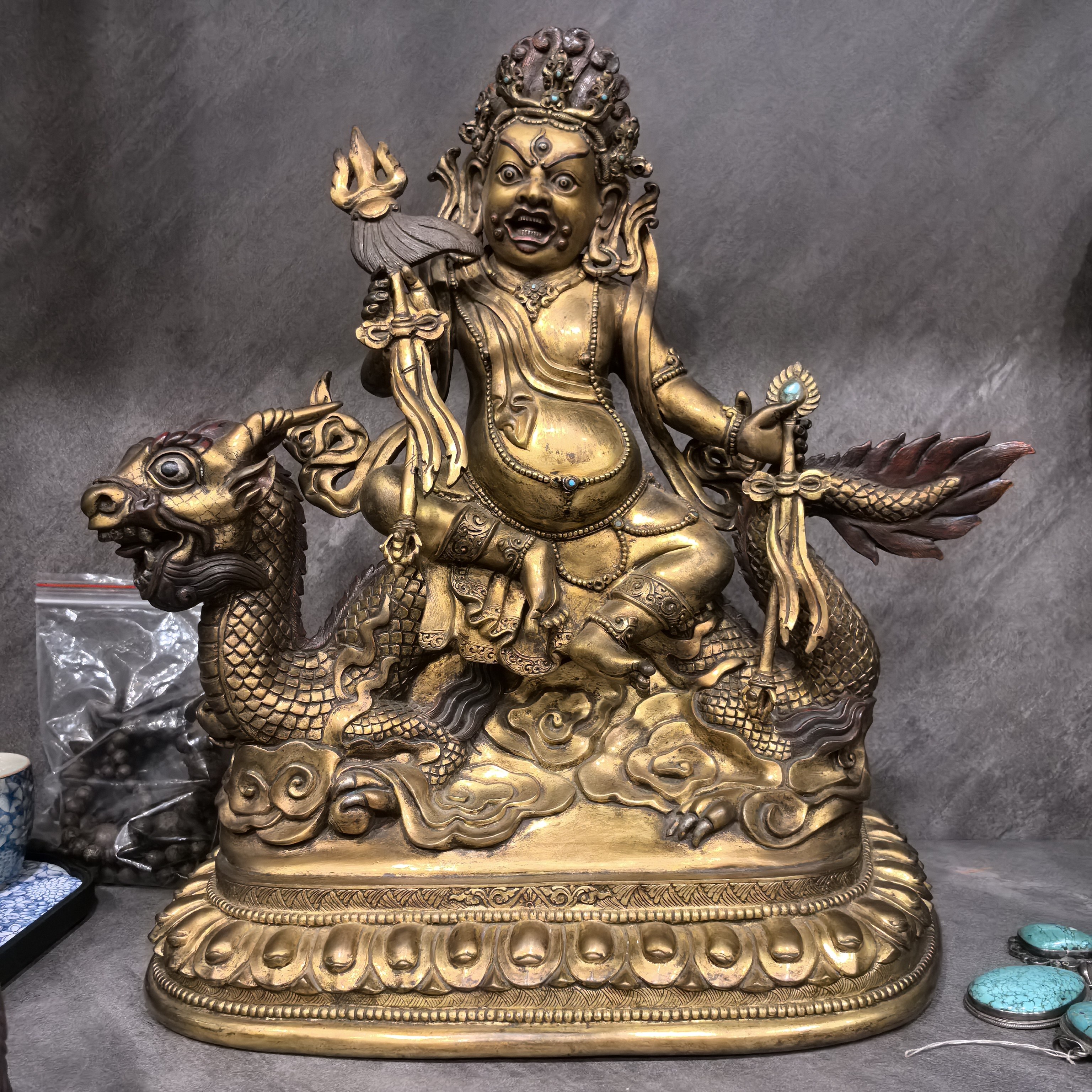 白财神/骑龙财神/藏巴拉/赞巴拉/36cm尼泊尔释迦族名家鎏金佛像
