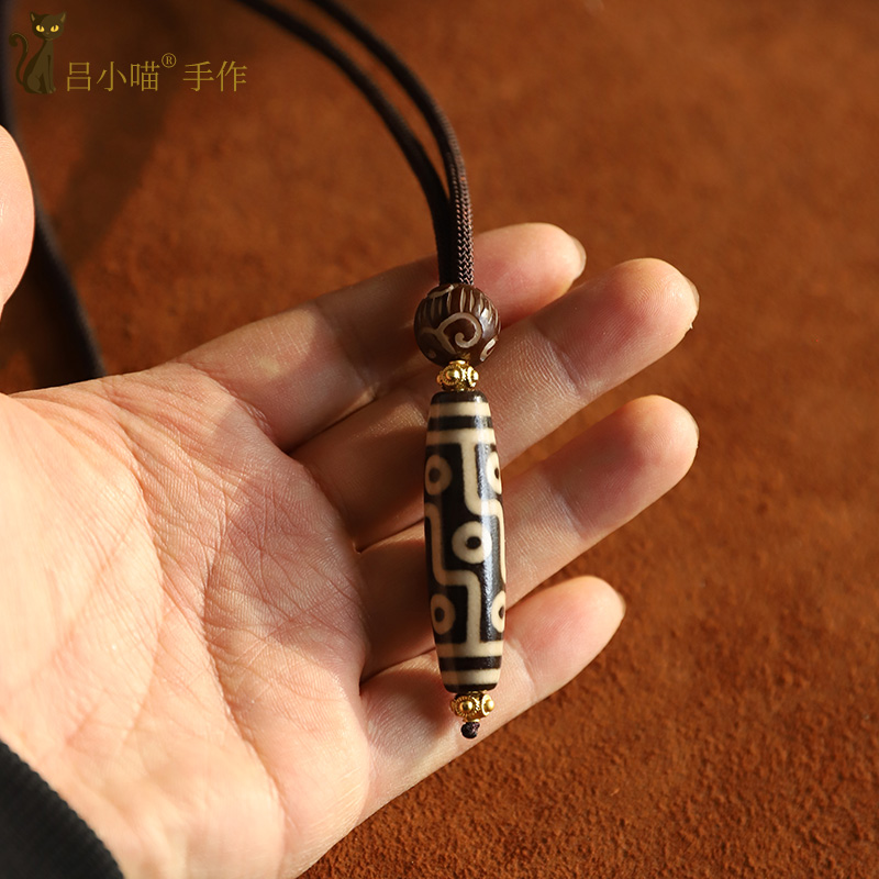 西藏九眼天珠男正品豪华李连杰同款竖款手工编织吊坠项链女毛衣链