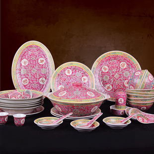 正品景德镇文革瓷/手工粉彩黄地万寿无疆54头中餐具 具有收藏价值