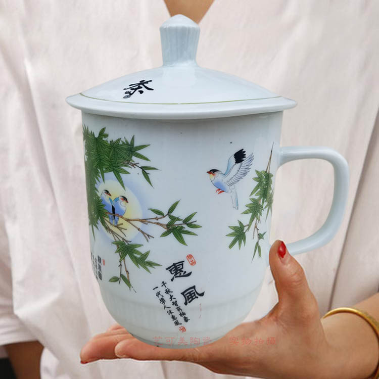 景德镇陶瓷霸王杯子超大号容量茶杯办公杯 凉水杯带盖800ML1600ML