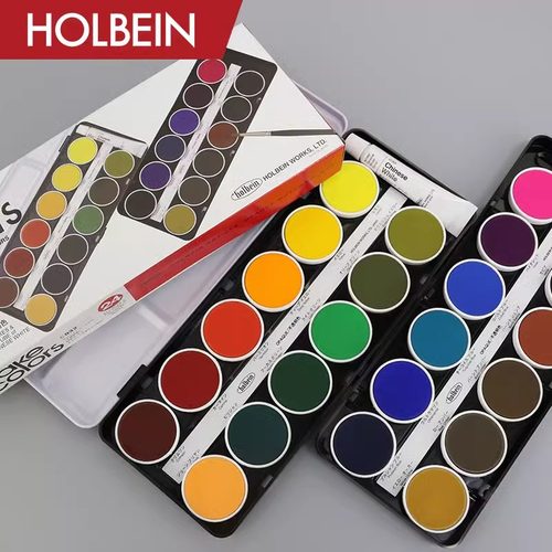 日本Holbein荷尔拜因不透明水彩颜料蛋糕盒12色24色套装固体粉饼hb圆盘红盒