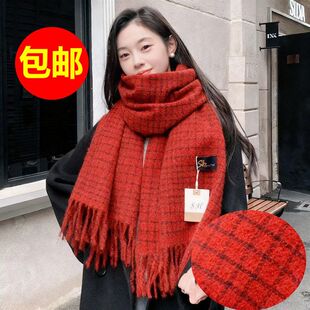 定制logo冬季红色小细格仿羊绒格子围巾男女韩版情侣百搭保暖围脖