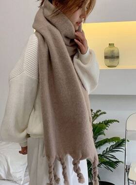 定制logo流苏大辫子纯色马海毛围巾男女冬季保暖韩系长款围脖披肩