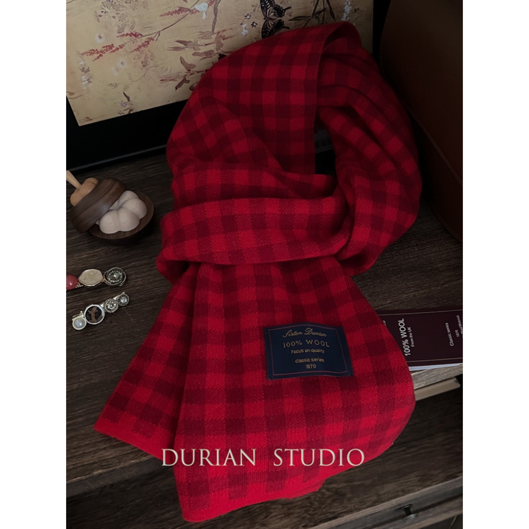 定制logo冬季100%羊毛红色小格子围巾男女时尚百搭保暖情侣围脖