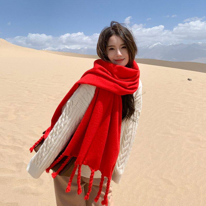 定制logo纯色麻花辫子加厚红色围巾女秋冬季保暖流苏披肩围巾外搭