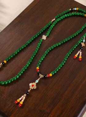 祖母绿串珠斜跨链新中式国风搭配项链复古民族风唐装汉服挂件配饰
