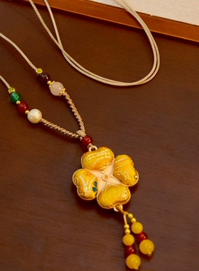 宋锦花朵项链女长款挂绳胸前新中式毛衣链国风旗袍挂链绳配饰挂件
