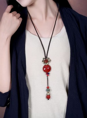 民族风复古新中式毛衣链女长款陶瓷串珠吊坠挂绳衣服挂件配饰项链