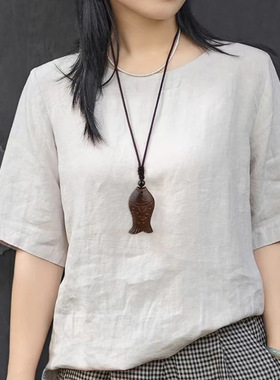 复古民族风项链女文艺吊坠木鱼长款毛衣链棉麻配饰百搭新中式国风