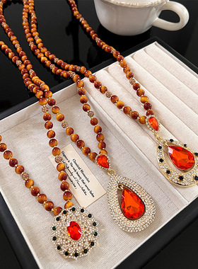 新中式国风虎眼石项链简约高级感轻奢百搭毛衣链秋冬长款配饰挂件