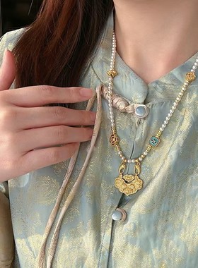 新中式古风平安如意锁通珍珠项链女新款国风锁骨链衣服挂件配饰品