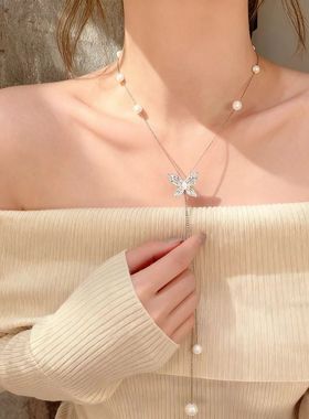 镶钻蝴蝶项链女百搭高级感轻奢毛衣链小众精致衣服配饰挂件坠锁骨
