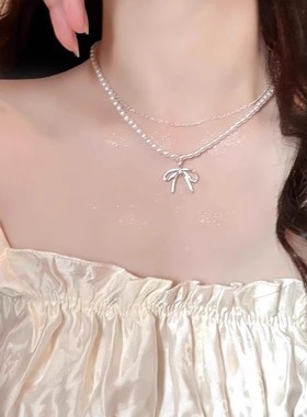 小米珍珠蝴蝶结项链双层叠戴