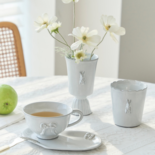 韩国进口Hye hwa yo黑陶白釉复古欧式浮雕手作马克杯茶杯餐盘餐具