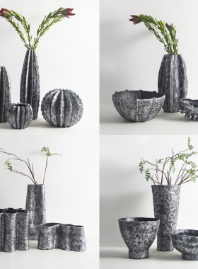 简约复古新中式灰黑色陶瓷花器