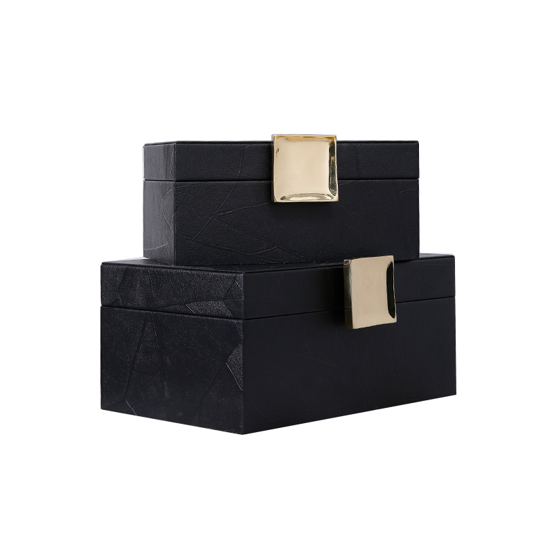 简约黑色皮质配金属首饰收纳盒 客厅玄关样板间售楼处设计师摆件