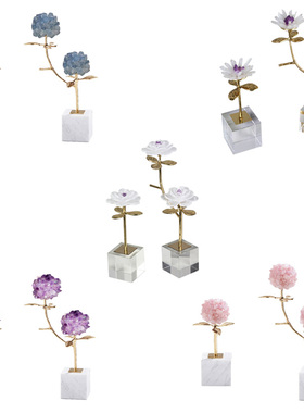 简约天然紫水晶花黄铜枝叶工艺品