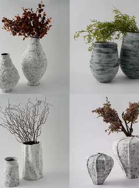 新中式复古创意手绘灰白陶瓷花瓶