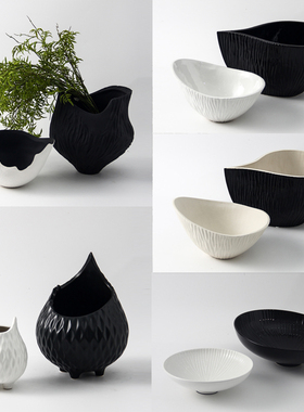 简约黑白色陶瓷大口花器花瓶果盘