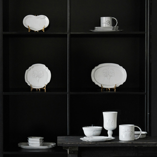 韩国进口Hye hwa yo黑陶白釉复古欧式浮雕手作马克杯茶杯餐盘餐具