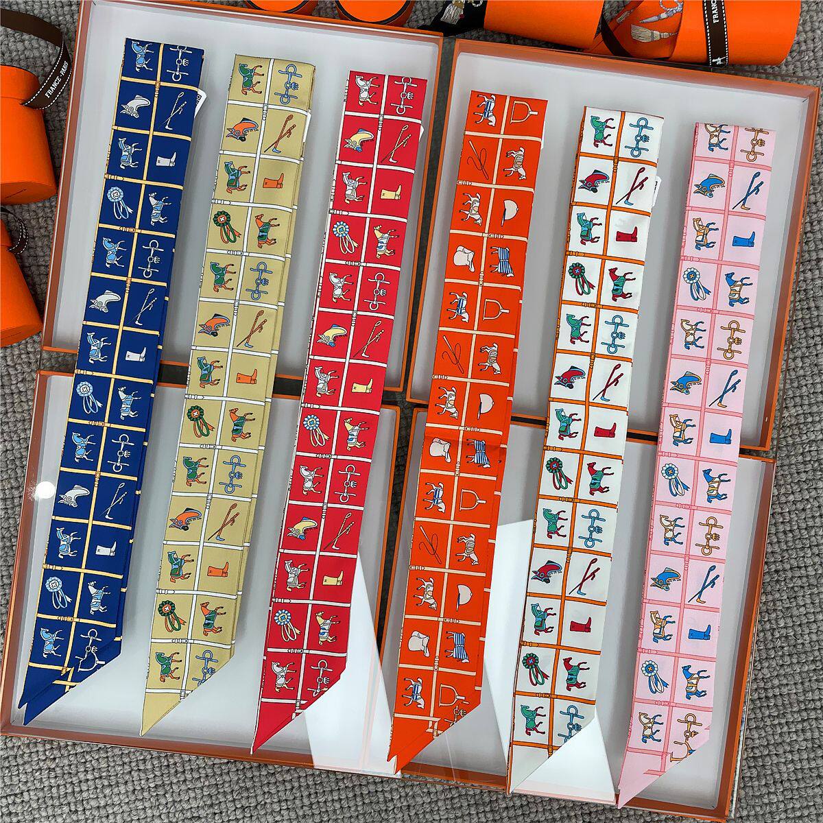 时尚百搭格子战马链条18姆米女斜纹真丝飘带缠绑包包手柄丝带丝巾