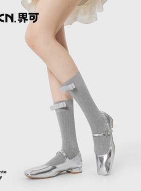 JKN蝴蝶结袜子女春秋中筒袜棉无骨袜芭蕾风配玛丽珍鞋灰色堆堆袜