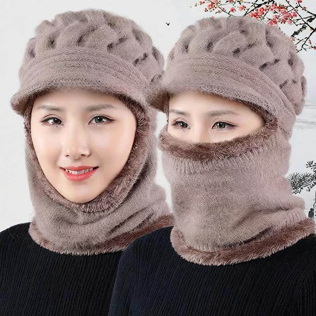 中老年人帽子女冬季百搭加厚毛线帽加绒保暖围脖妈妈帽连体针织帽