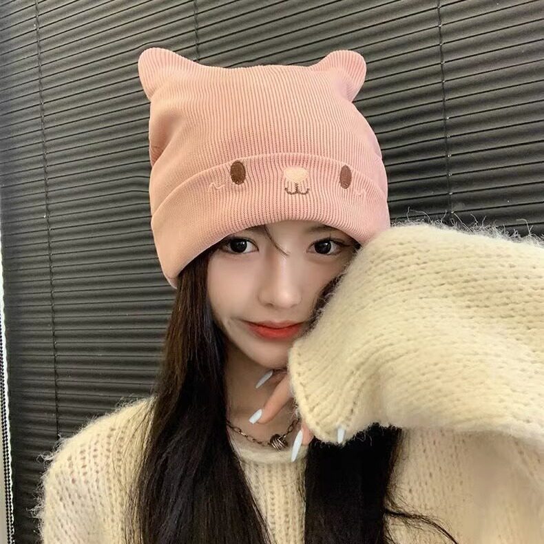 猫耳针织帽大头围女生月子帽韩版时尚保暖显脸小套头冷帽秋冬季帽