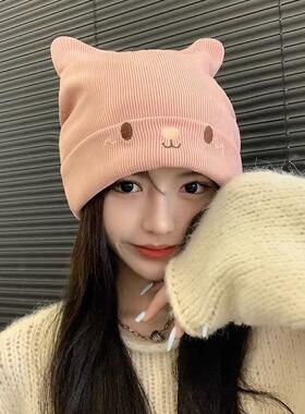猫耳针织帽大头围女生月子帽韩版时尚保暖显脸小套头冷帽秋冬季帽