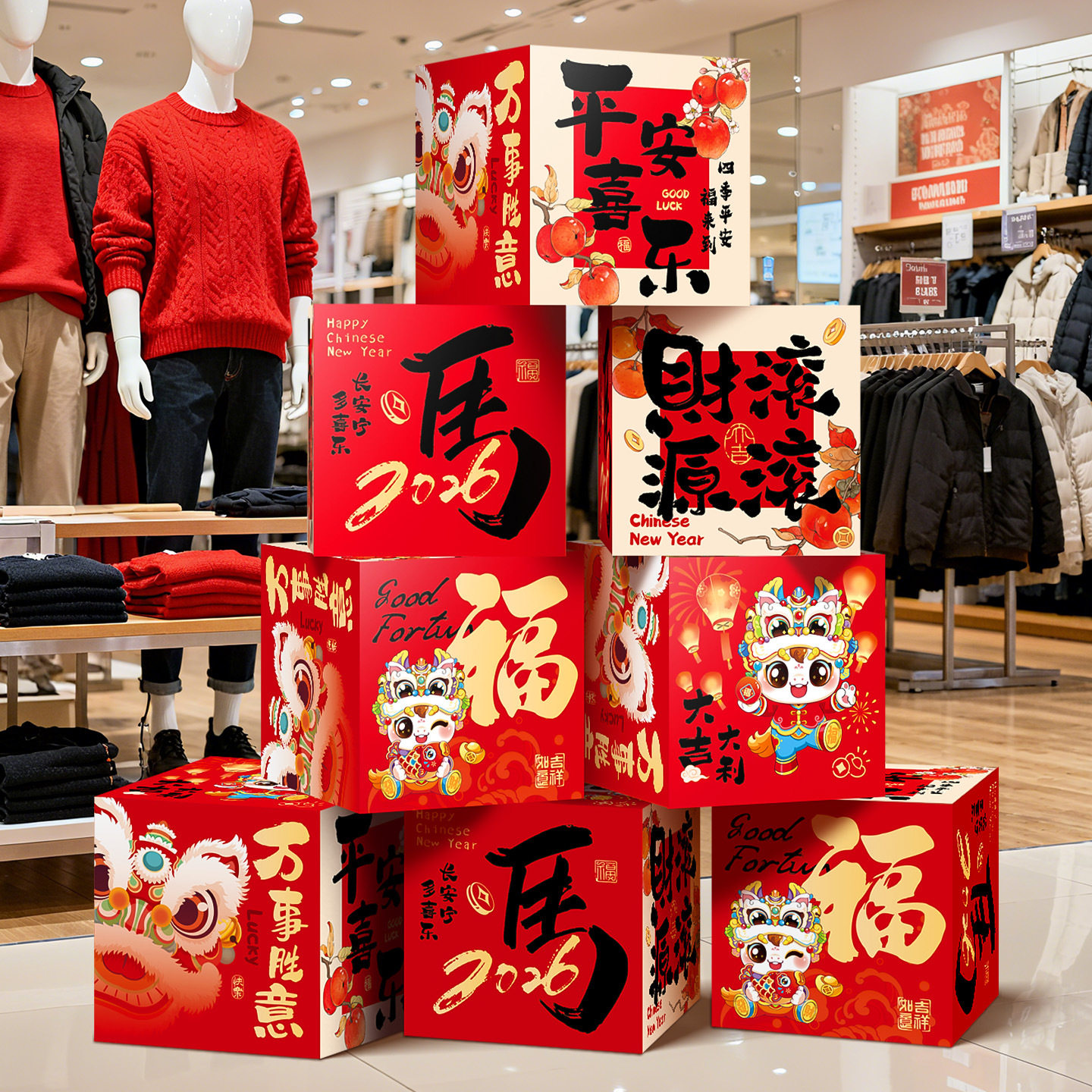 马年新年装饰品堆堆盒子春节过年商场节日氛围感拍照道具场景布置